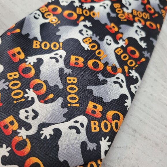 Halloween Ghost Boo Tie Necktie Mens Black Preowned EUC - Picture 2 of 3